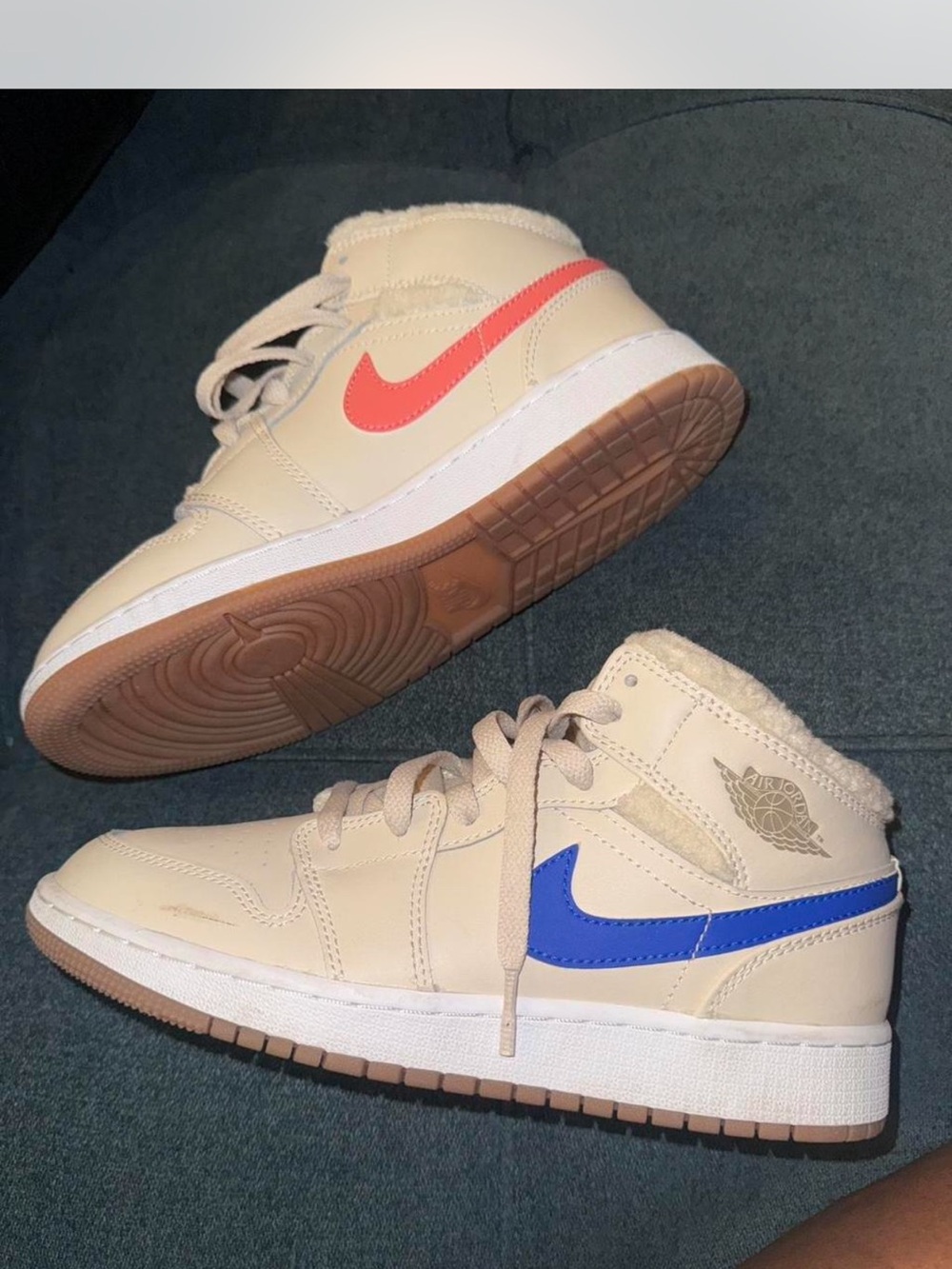 Nike Air Jordan 1 Mid Beige with Blue and Coral Swooshes